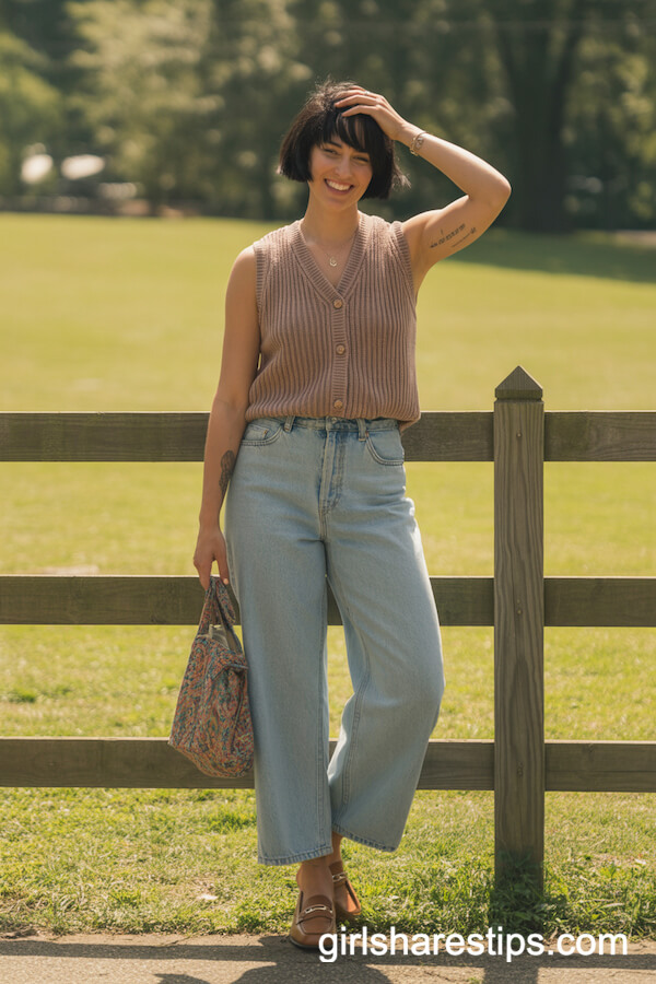 Knit vest with wide-leg jeans