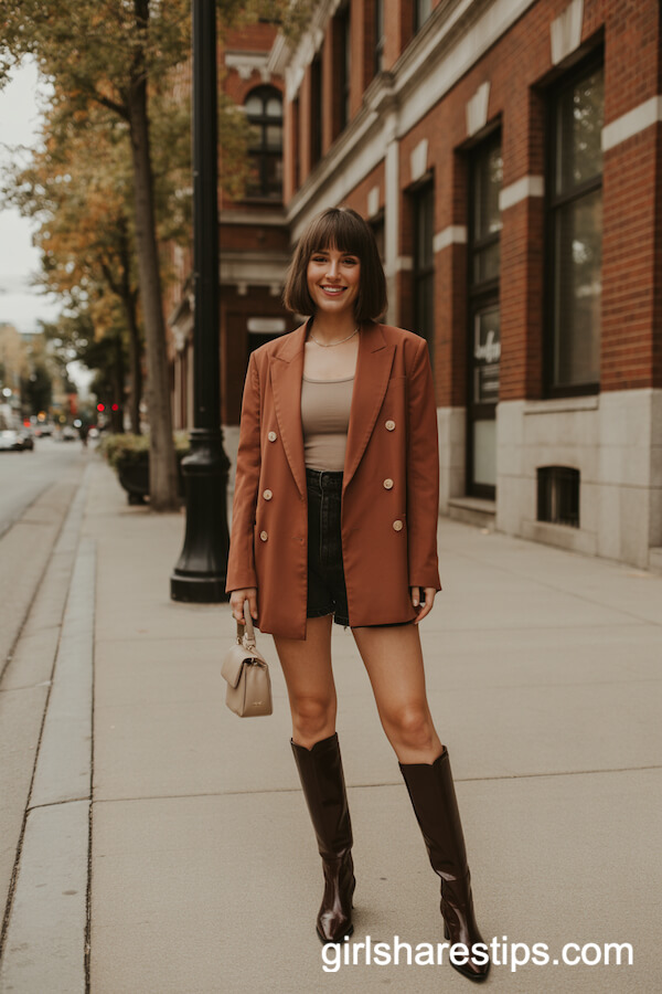 Rust blazer with dark shorts