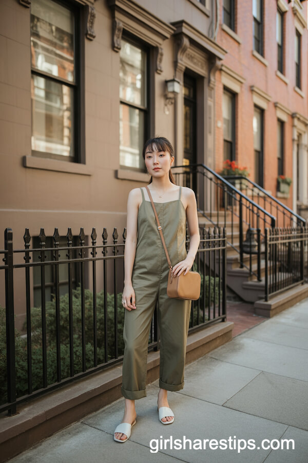 Khaki jumpsuit with slides