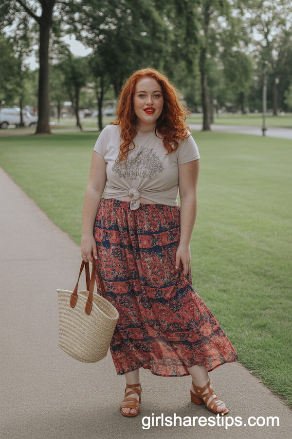 Boho maxi skirt with graphic tee