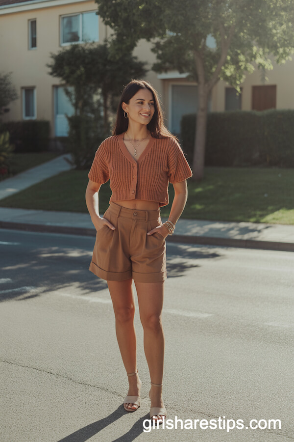Tan shorts with knit cardigan