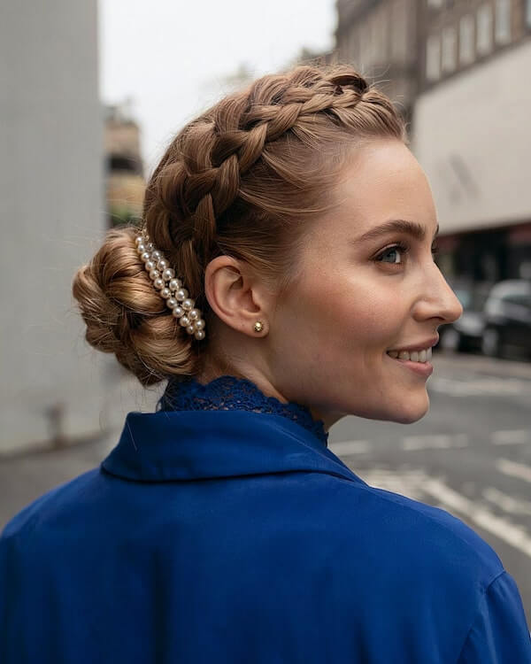 Braided Crown Bun with Pearls