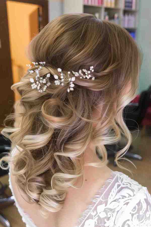 Half Up Twisted Curls with Floral Accents