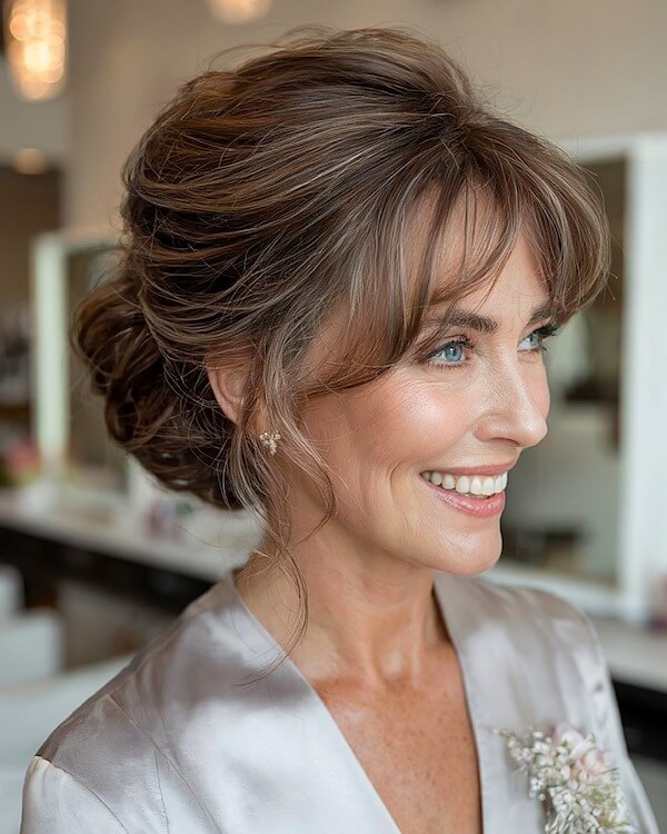 Textured Updo with Face-Framing Bangs for Over 50