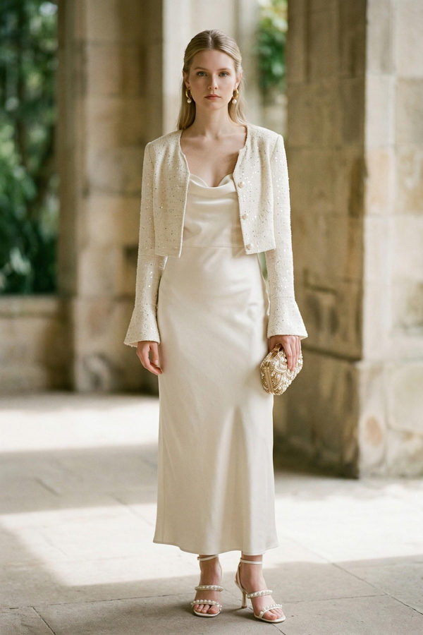 wedding guest jacket over dress