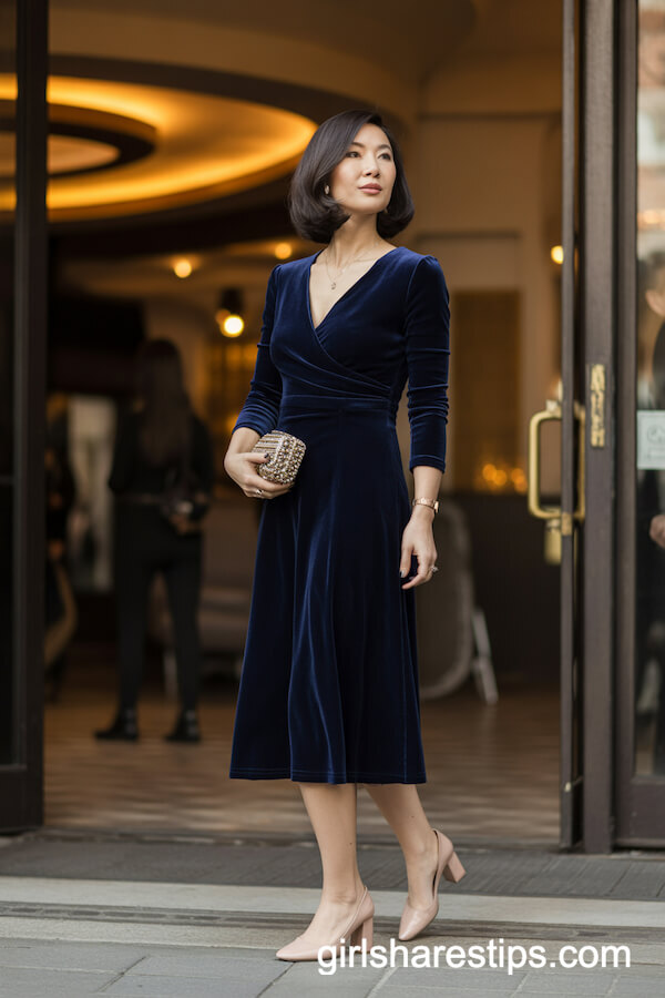 Deep Navy Velvet Midi Dress