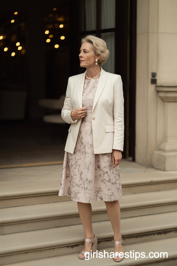 Cream Blazer with Floral Sheath Dress