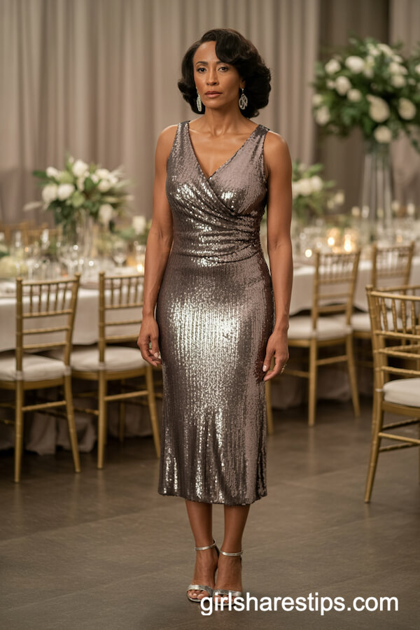 Silver Sequin Midi Dress with Diamond Earrings