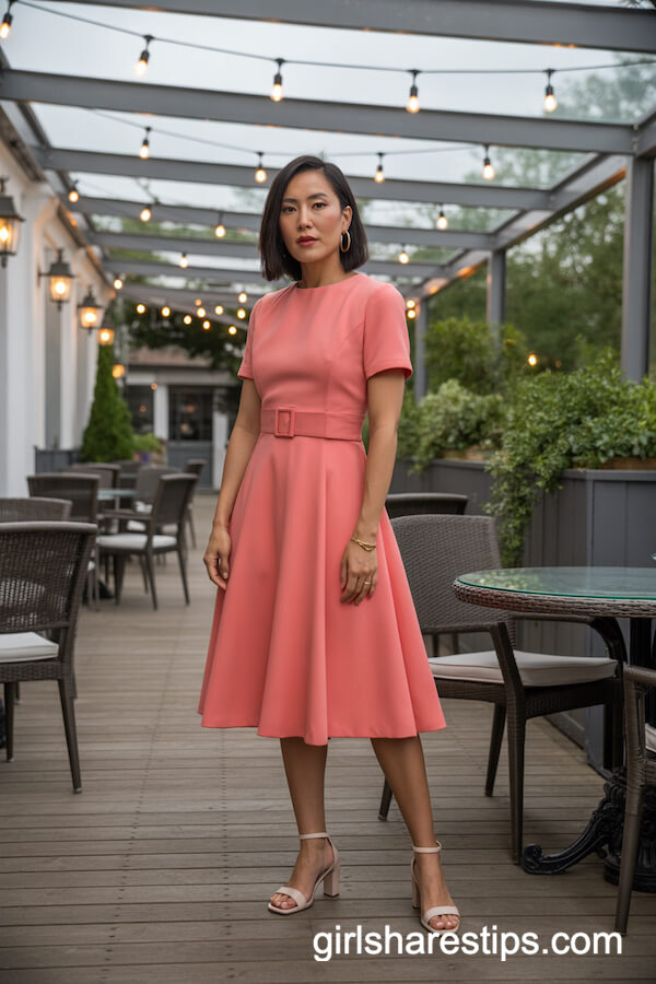 Coral A-Line Dress with Contrasting Belt