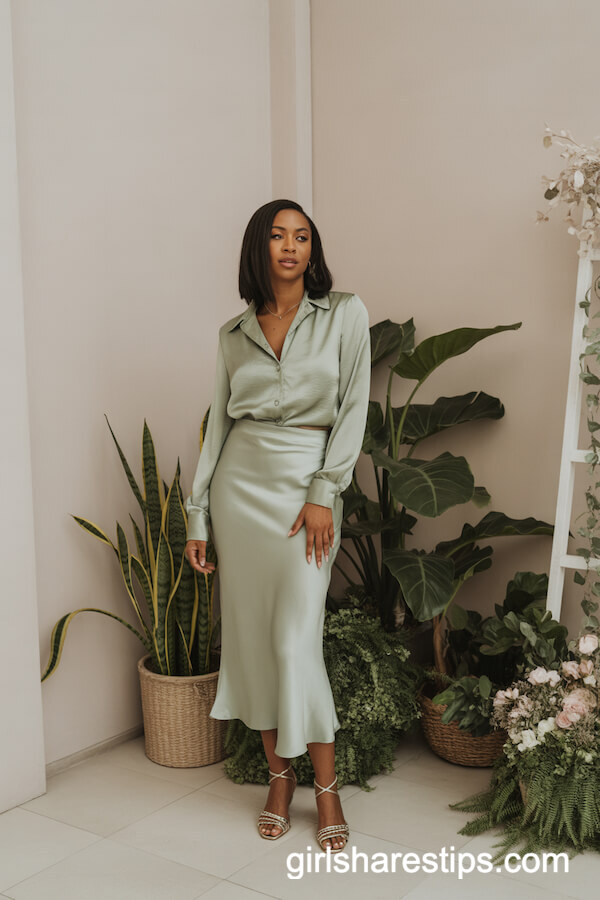 Sage Green Satin Blouse with Midi Skirt