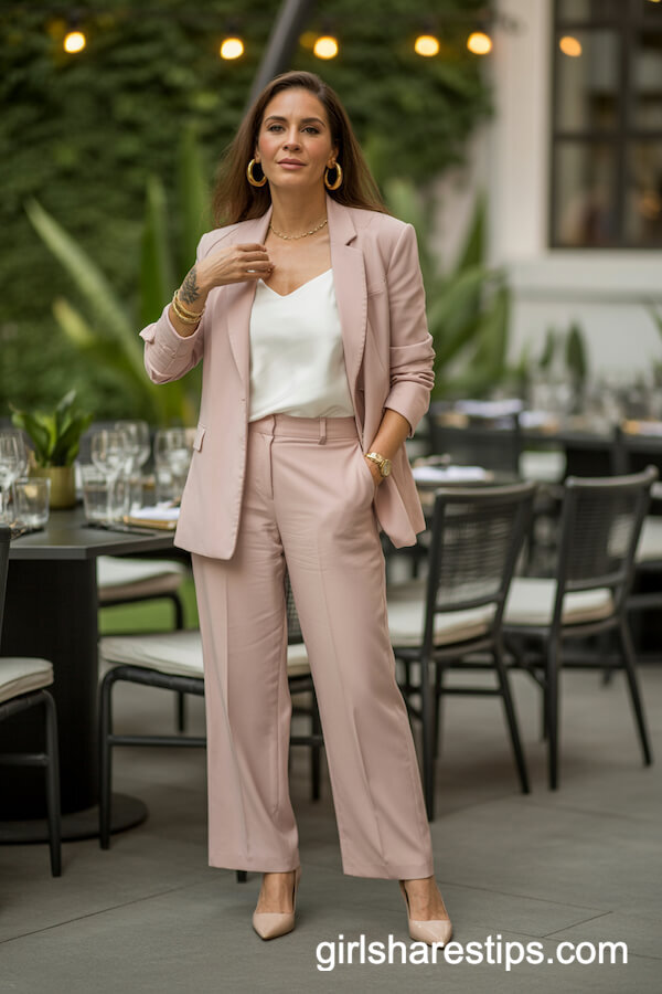 Blush Pink Tailored Suit with Nude Pumps