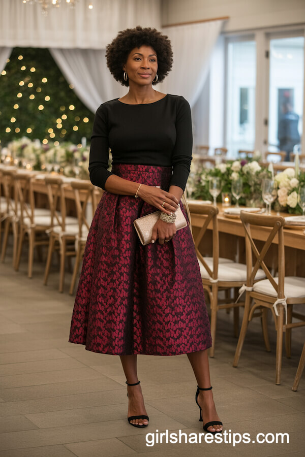 Bold Patterned Midi Skirt with Black Top