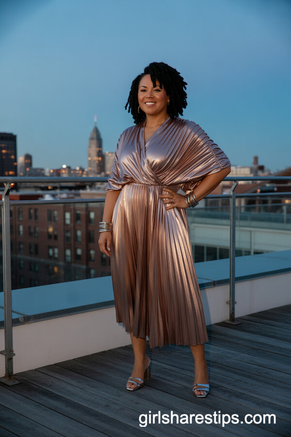 Metallic Pleated Dress with Silver Heels