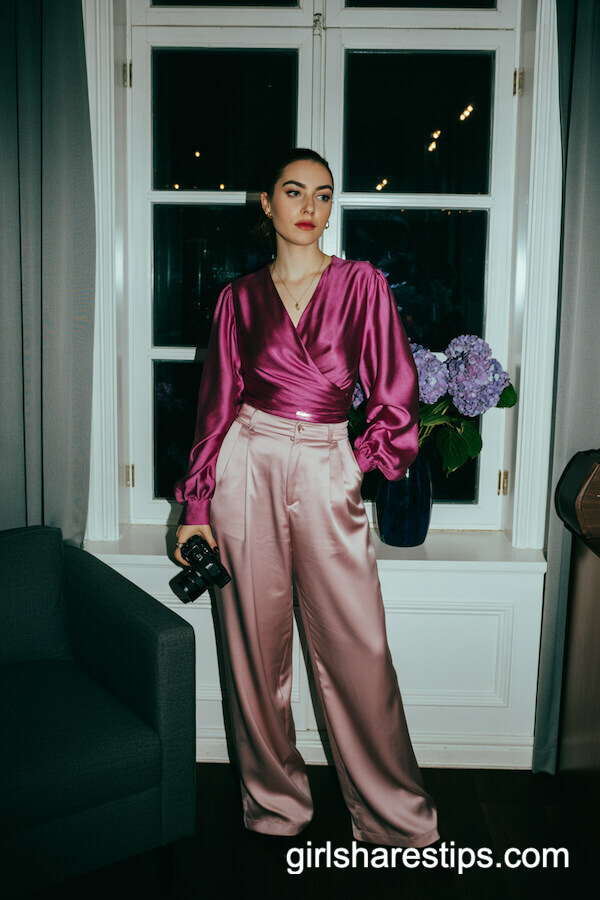 Magenta Silk Wrap Blouse and Pink Satin Trousers