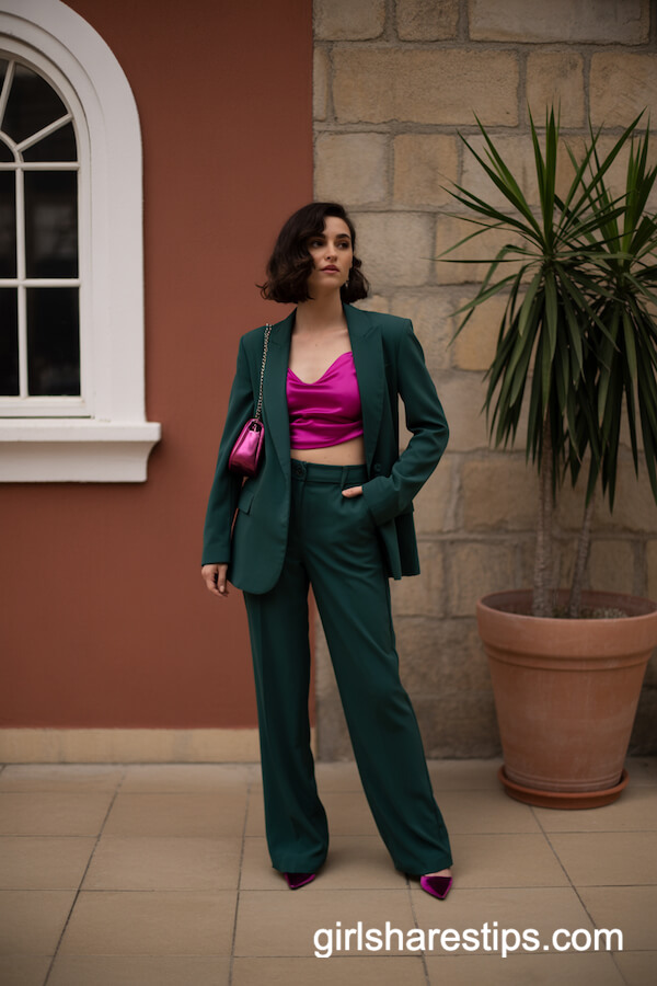 Dark Green Blazer and Wide-Leg Pants with Pink Crop Top