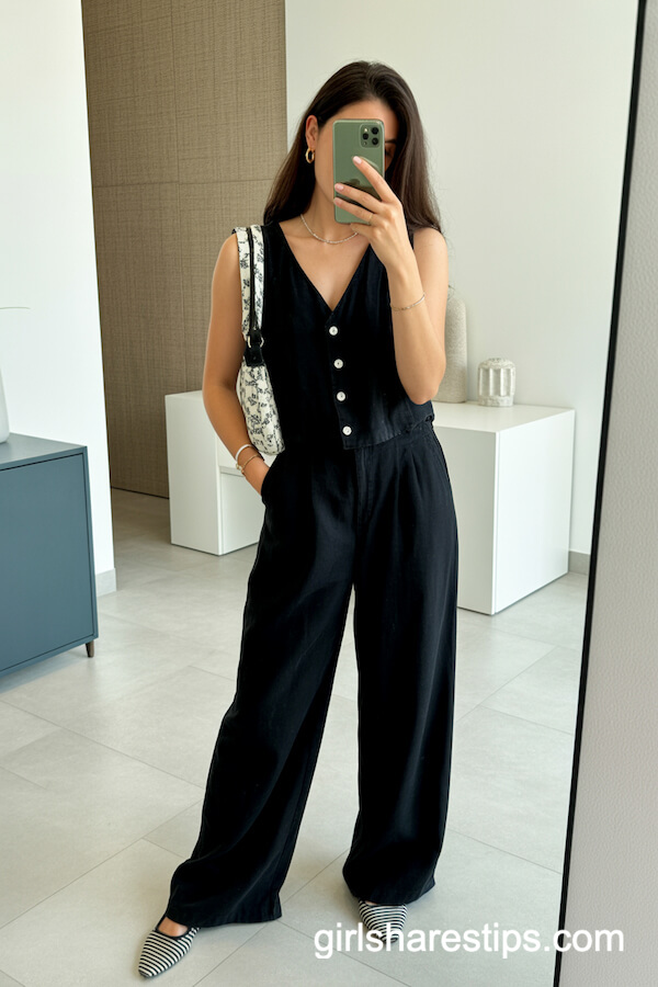 Black Button-Up Jumpsuit with White Accents
