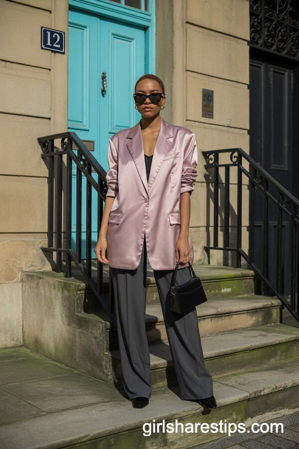 Oversized Pink Blazer and Charcoal Wide-Leg Trousers