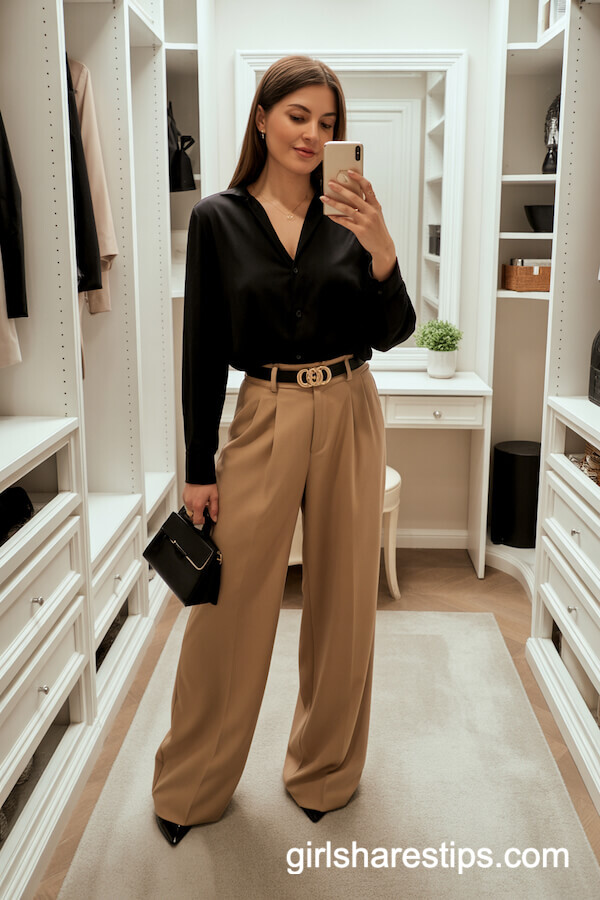Black Blouse with Camel High-Waisted Pants
