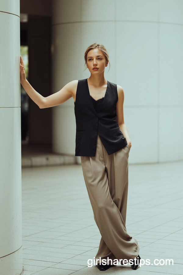 Black Vest with Lace Top and Khaki Wide-Leg Trousers