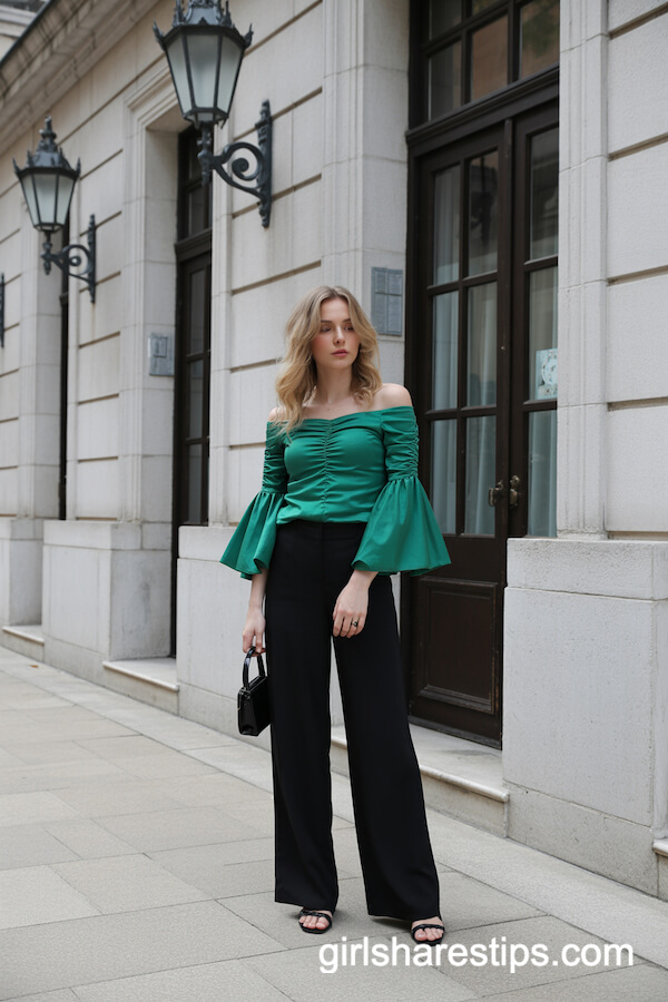 Emerald Green Off-Shoulder Blouse with Black Palazzo Pants