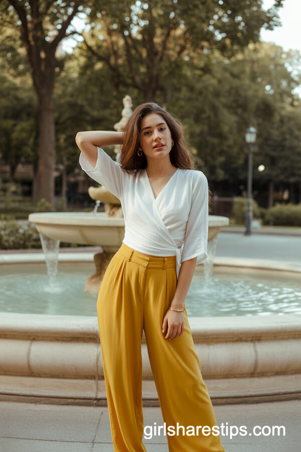 White Wrap Blouse with Mustard Wide-Leg Pants