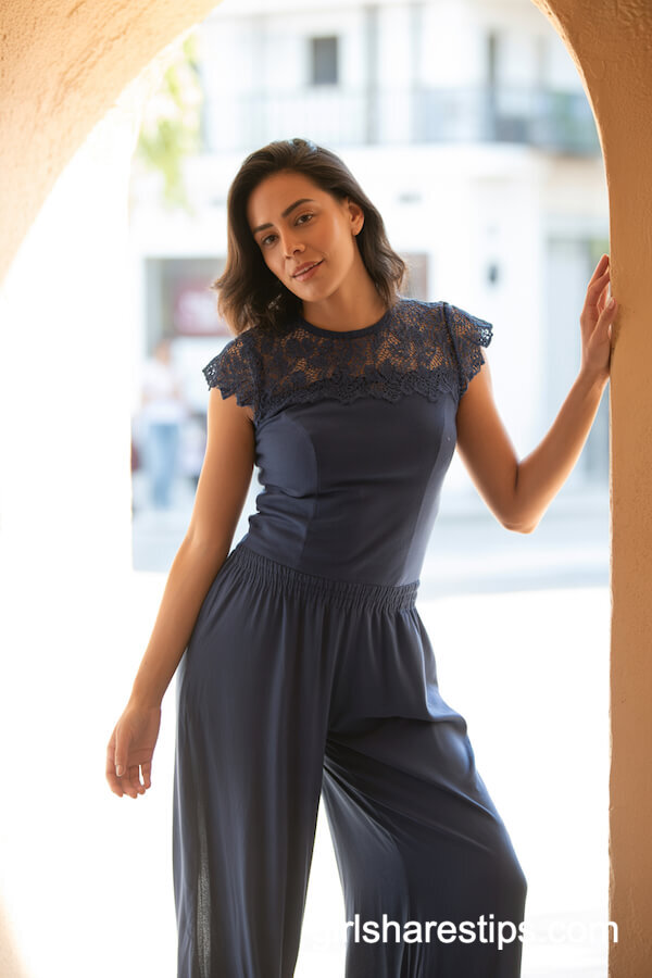 Navy Palazzo Pants and Lace Top