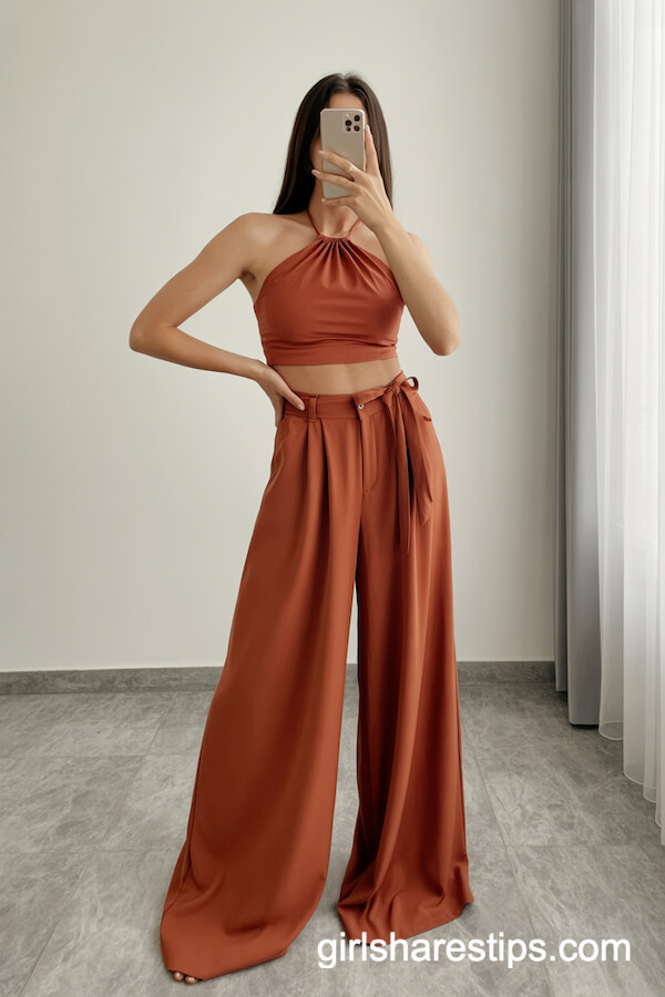 Rust Halter Crop Top with Wide-Leg Palazzo Pants