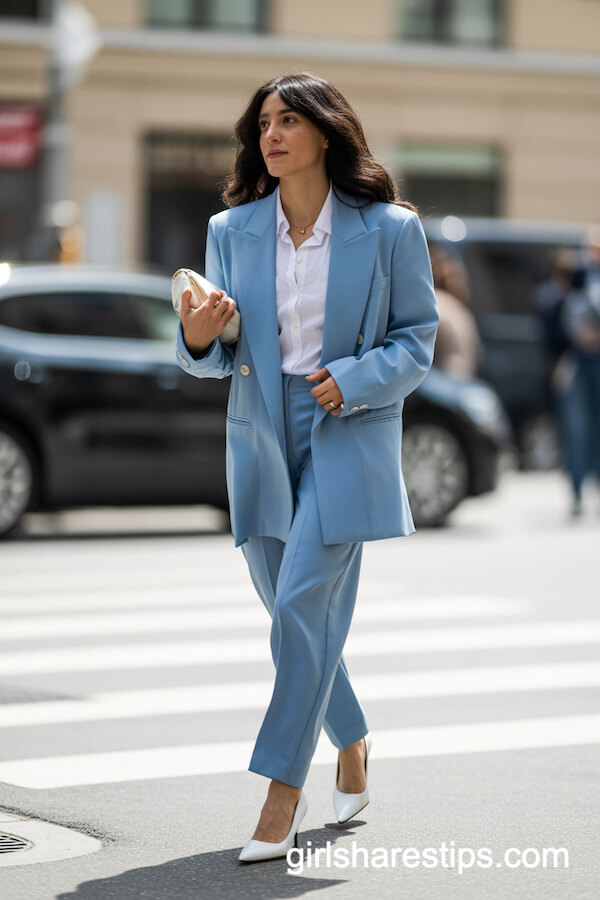Oversized Light Blue Blazer with Tailored Pants