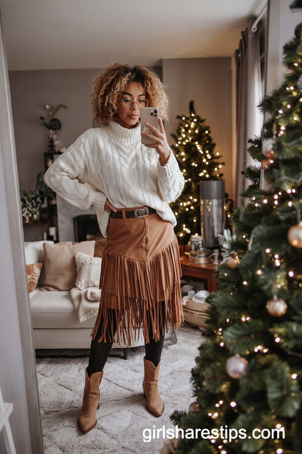Knit Sweater and Suede Fringe Skirt