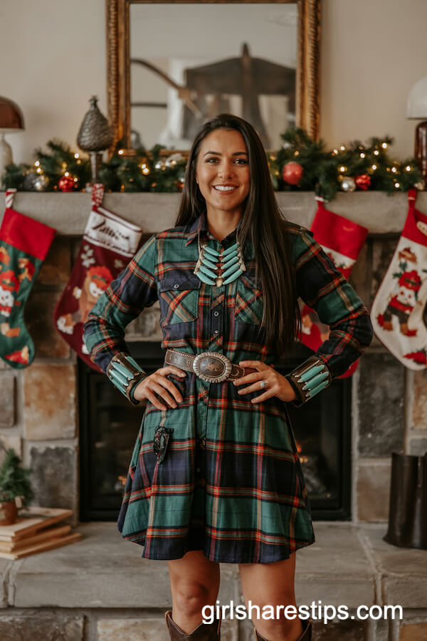 Tartan Dress and Cowboy Boots Ensemble