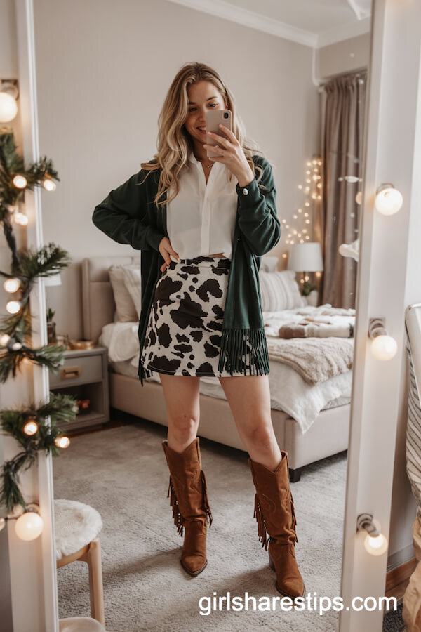 Cow Print Mini Skirt and Forest Green Cardigan