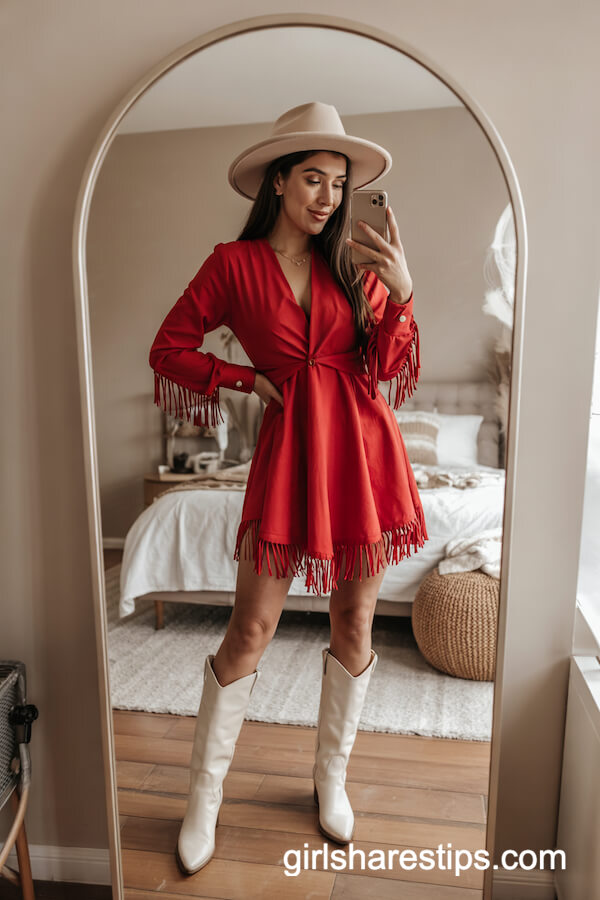 Fringed Mini Dress with Tall Cowboy Boots