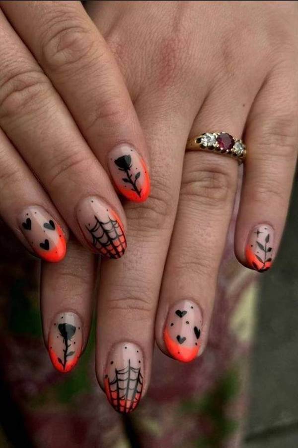 Orange Halloween Spiderweb Nails