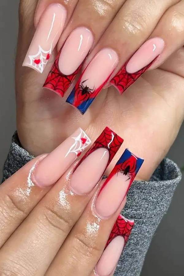 Red Spiderweb French Tip Nails