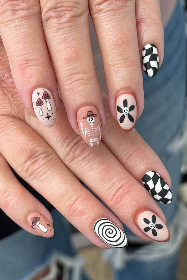 Boho Skeleton and Mushroom Nails