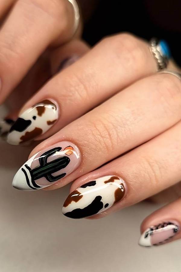 Western Cow Print and Cactus Nails