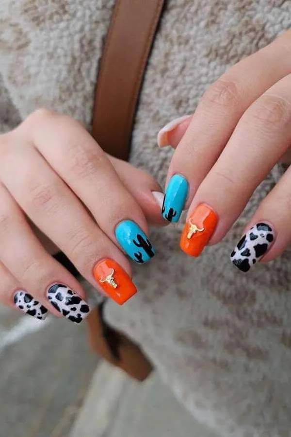Southwestern Cactus and Cow Print Nails
