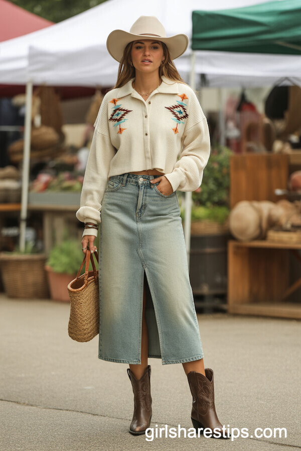 Denim Midi Skirt with Navajo-Inspired Top