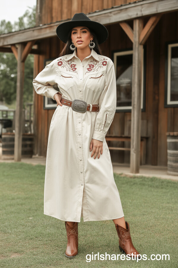 White Embroidered Shirt Dress with Ankle Boots