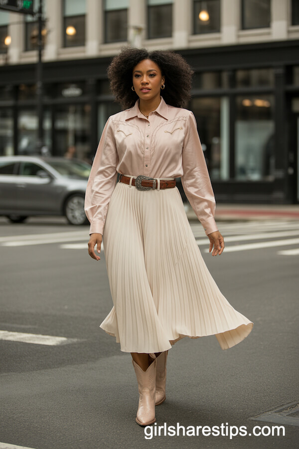 Cream Pleated Midi Skirt with Blush Blouse