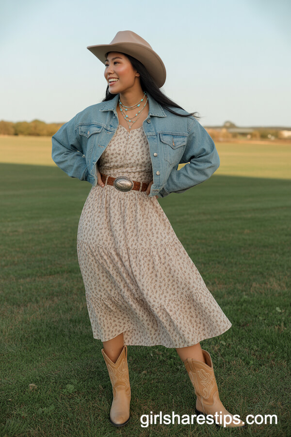 Prairie Floral Midi Dress with Cropped Denim Jacket