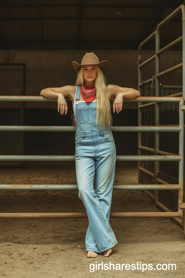 Denim Overalls with Brown Cowboy Hat