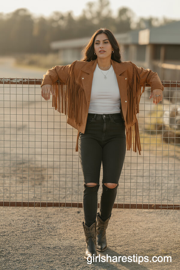 Chic Suede Fringe Jacket and Cowboy Boots