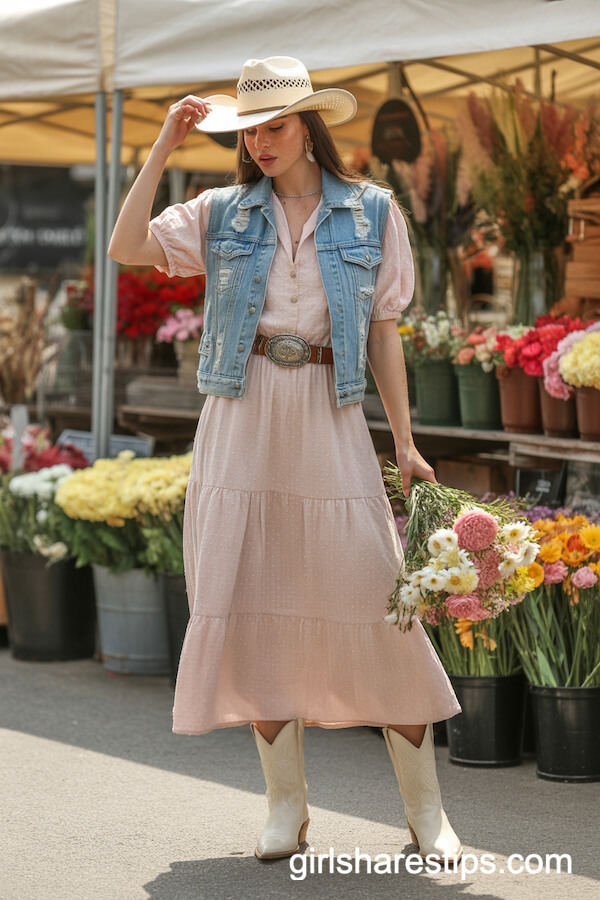 Pastel Linen Dress with Distressed Denim Vest