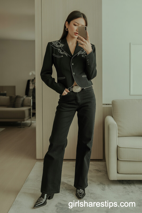 Black Western Blazer with Stitched Cowboy Boots