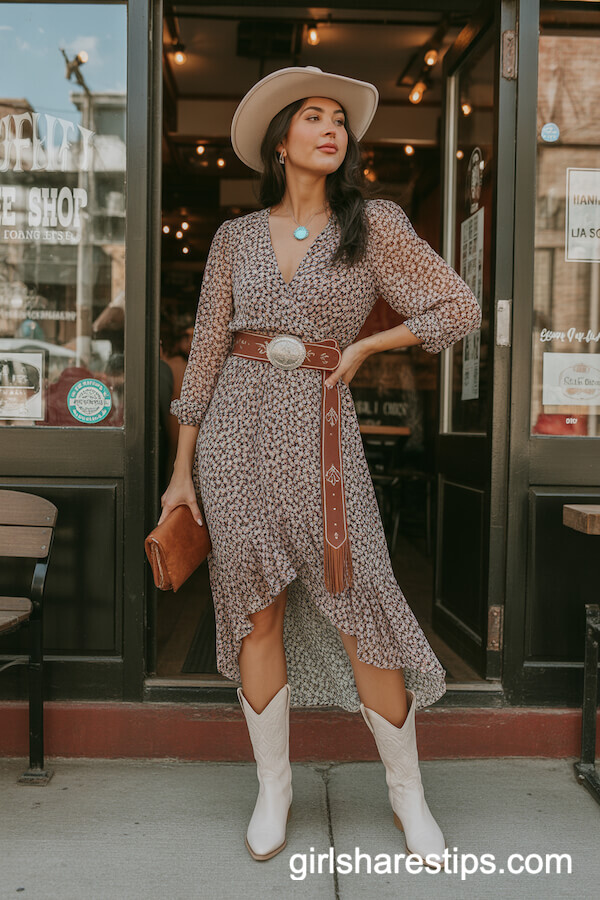 Floral Wrap Dress with Mid-Calf Cowboy Boots