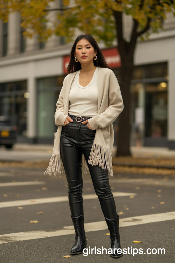 Fringe Cardigan & Leather Pants