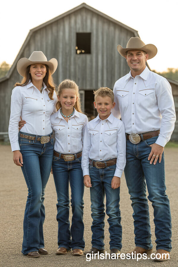 Classic Blue Jeans and White Snap Button Shirts with Turquoise Jewelry