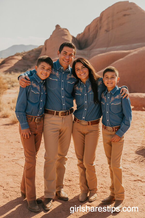 Embroidered Chambray Western Shirts with Tan Denim