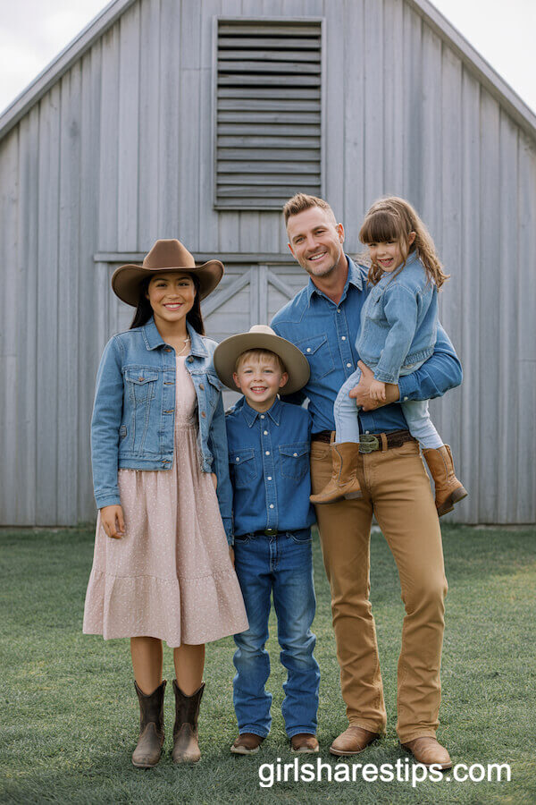 Blush Pink Prairie Dress with Denim Jacket and Tan Jeans